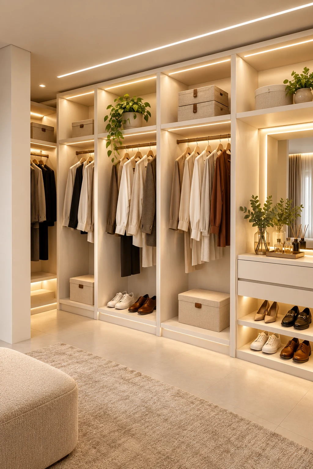 Closet planejado com iluminação quente
